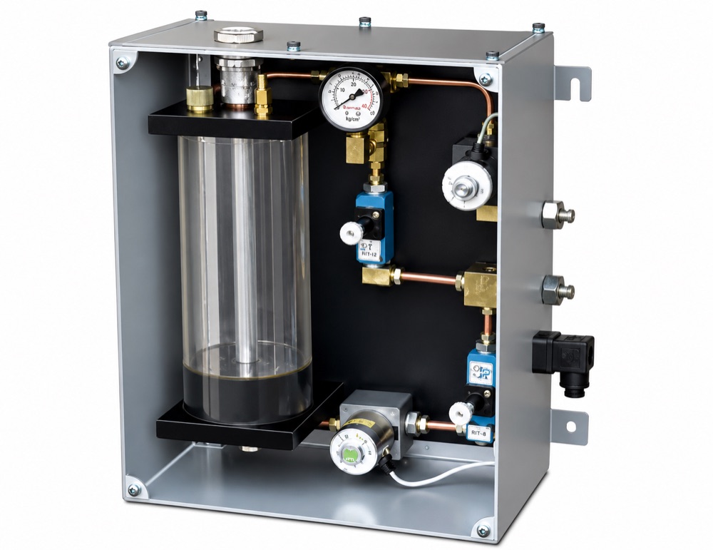 Oil mist lubrication pump in sheet metal enclosure with acrylic oil reservoir, pressure gauge, RIT-12 and RIT-8 metering valves, air regulator and solenoid valve